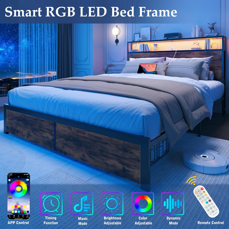Queen Bed Frame LED Charging Storage Headboard Drawers Metal Rustic Brown4