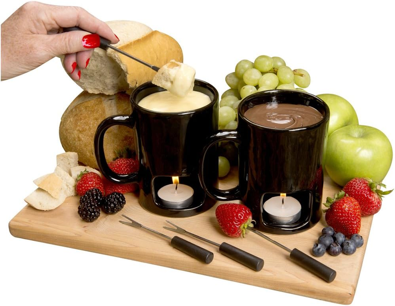 Mini Fondue Mug Set (2 Pack), Ceramic, 4 Forks, 8 Candles, Chocolate/Cheese Gift8