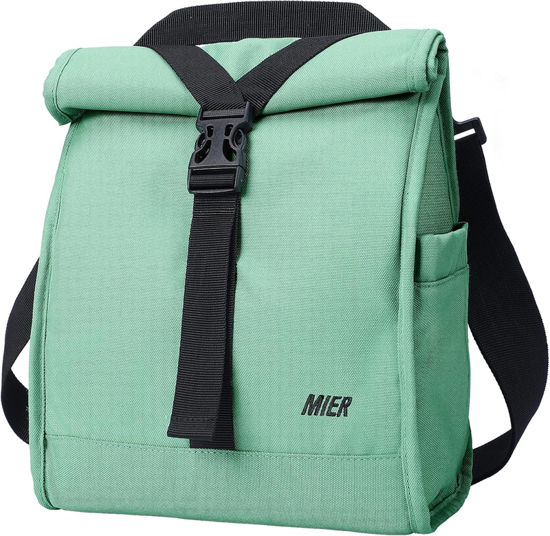 Insulated Roll Top Lunch Bag for Women Men Foldable Tote w/ Shoulder Strap Green10