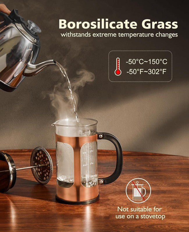 French Press Coffee Maker 1L 34Oz Borosilicate Glass Stainless Steel Copper2