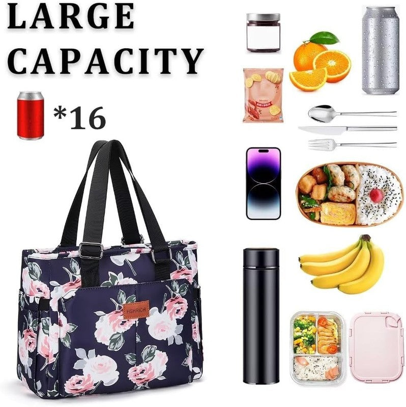 Large Peony Insulated Lunch Bag for Women Aluminum Lined Reusable Easy Clean2