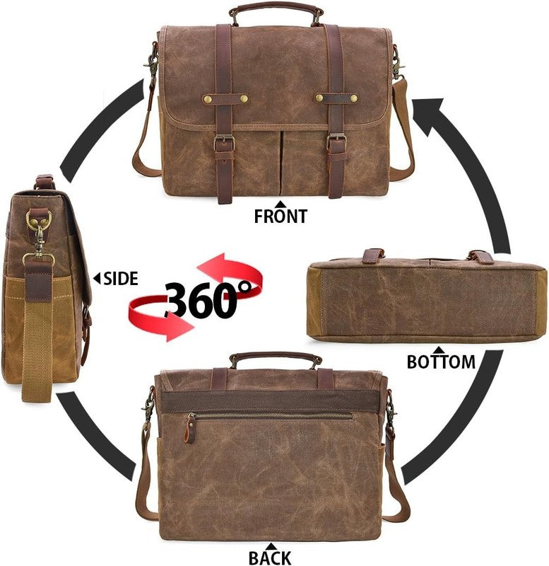 Mens Messenger Bag 15.6in Waterproof Leather Canvas Laptop Briefcase Brown5