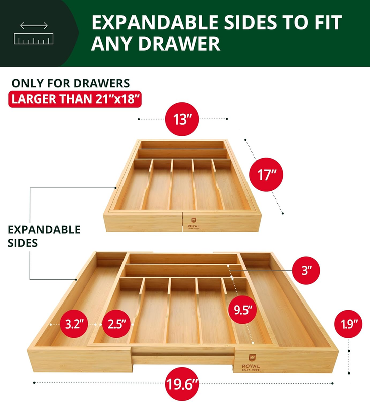 Bamboo Kitchen Drawer Organizer 9 Slot Silverware Cutlery Tray Natural1
