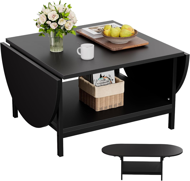 Black 2 Tier Foldable Coffee Table with Storage, Modern Living Room Table8