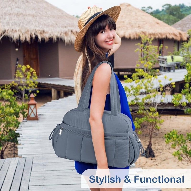 Travel Duffel Bag Women Puffer Gym Weekender Wet Pocket Carry On Blue Grey7