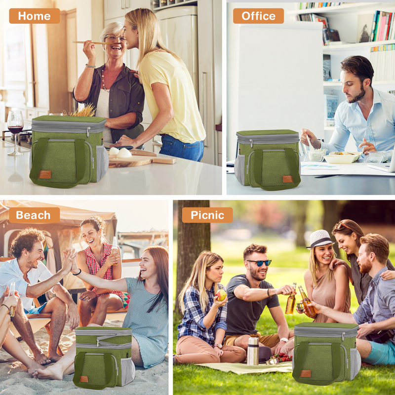 17L Insulated Lunch Bag Expandable Double Deck Cooler Tote Leakproof Work Green7