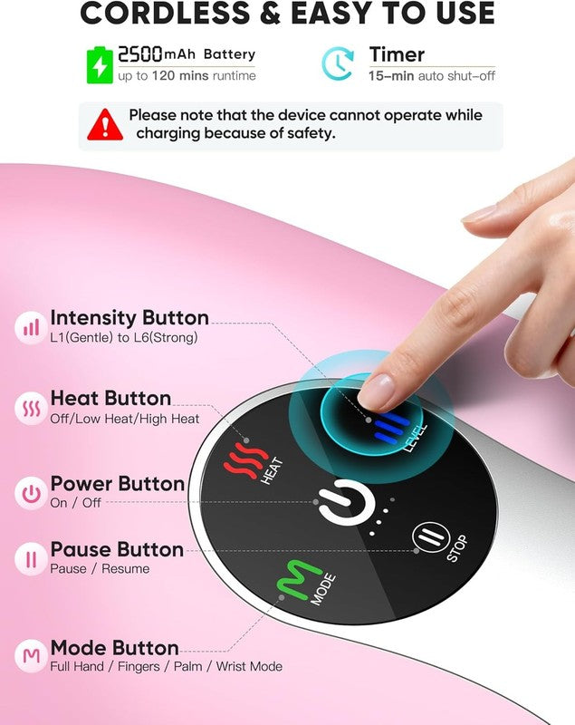 Hand & Wrist Massager w/ Heat Compression Cordless 6 Modes Pain Relief6