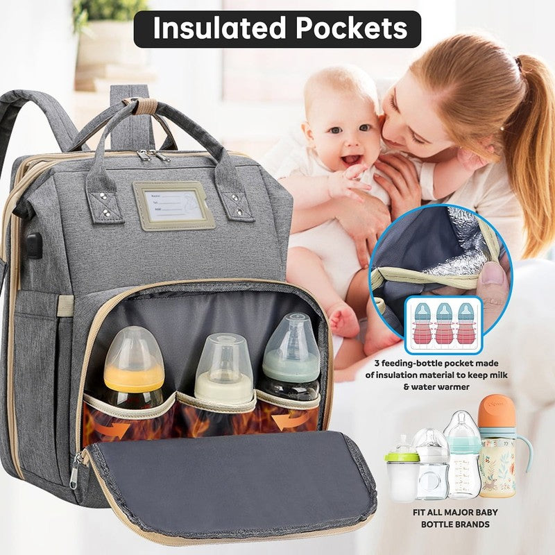 Diaper Bag Backpack w/ Crib, USB, Bottle Pocket, Changing Pad – Gray2