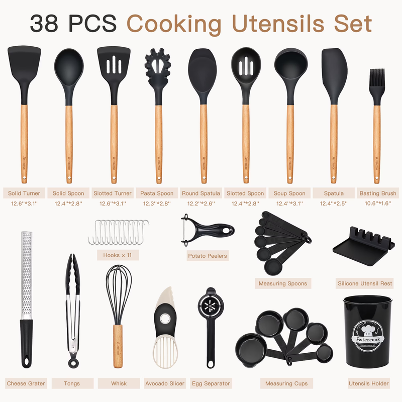 38PCS Silicone Kitchen Utensil Set Wooden Handle Heat Resistant Black2