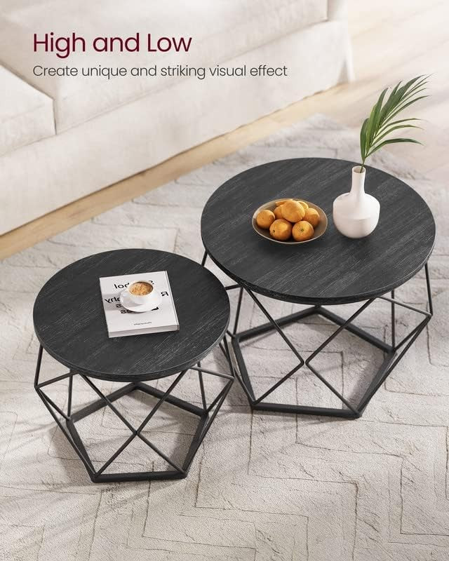 Small Round Coffee Table Set of 2 Steel Frame Side End Tables Gray Black4
