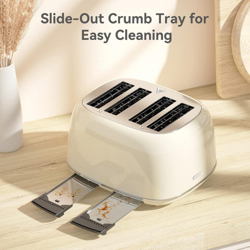 4-Slice Retro Toaster Cream 6 Shade Settings Cancel/Defrost/Reheat Wide Slots5