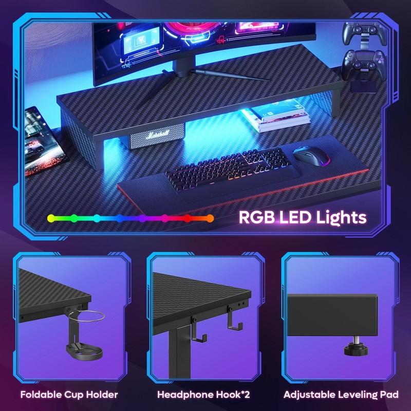 42" PC Gaming Desk w/ LED Lights, Monitor Stand, Headphone Hook Black2