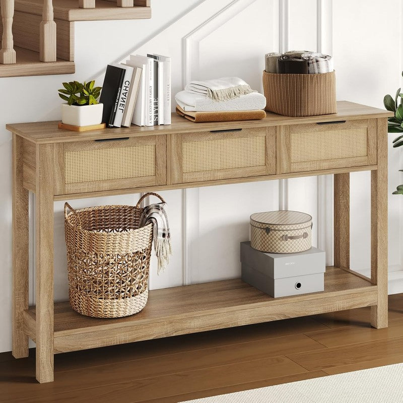47'' Rattan Console Table Natural Boho Entryway Sofa Table 3 Drawer Storage1