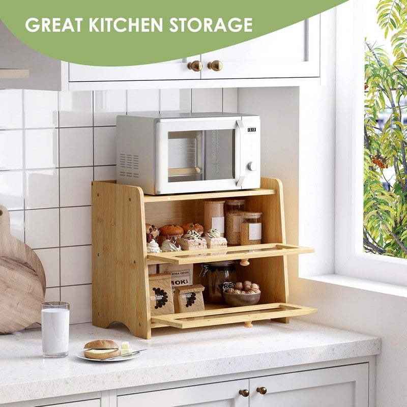 Double Layer Bamboo Bread Box Large Wooden Farmhouse Bread Storage Windows4