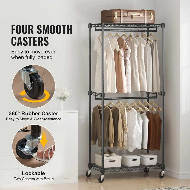 Clothes Rack 300 Lbs Double Hanging Garment Rack with Wheels Heavy Duty Rolling 2