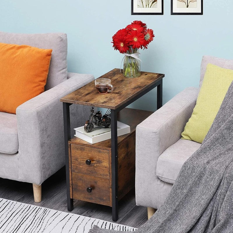 End Table Narrow Chairside Table with Drawer & Shelf Rustic Brown Black7