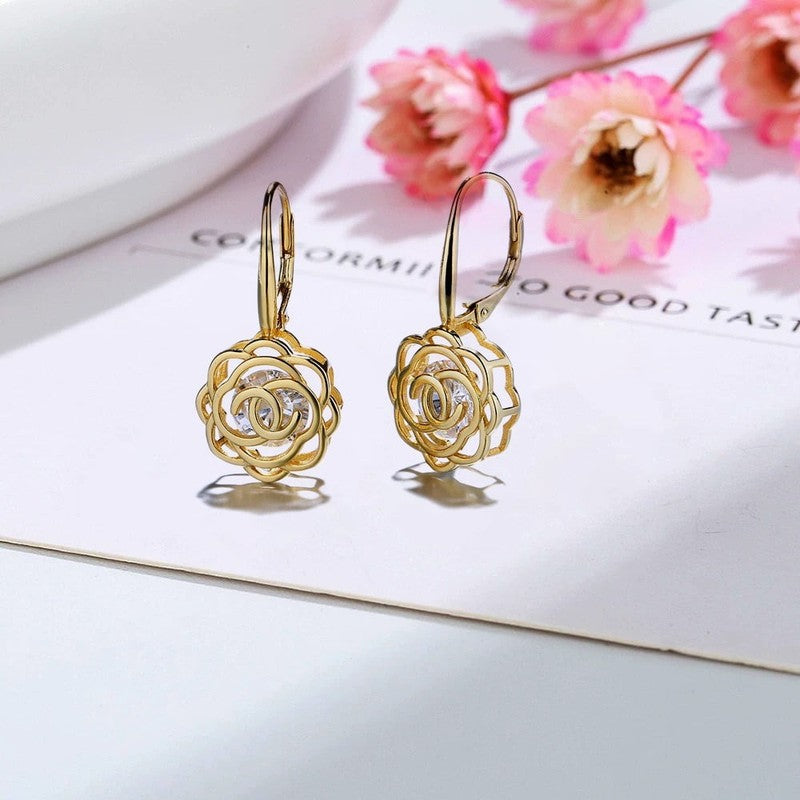 14K Yellow Gold Plated Caged with Crystals Rose Lever Back Earrings4