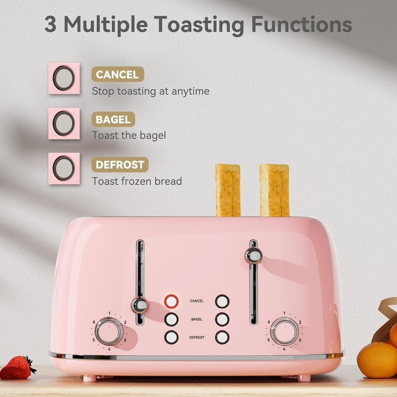 4-Slice Retro Toaster Pink 6 Shade Settings Cancel/Defrost/Reheat Wide Slots2