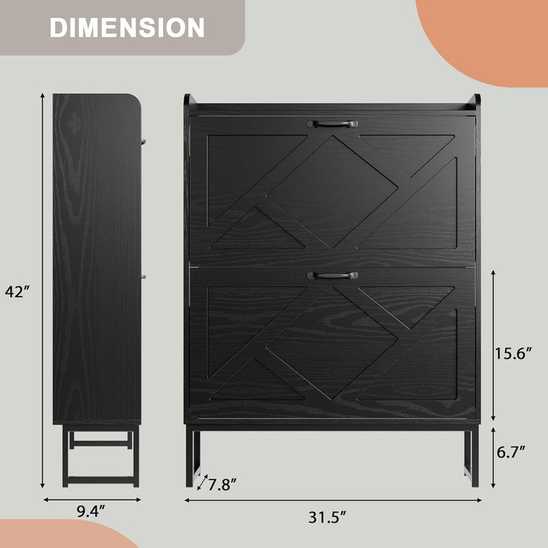Shoe Cabinet 2 Flip Drawers Freestanding Slim Farmhouse Entryway Black1