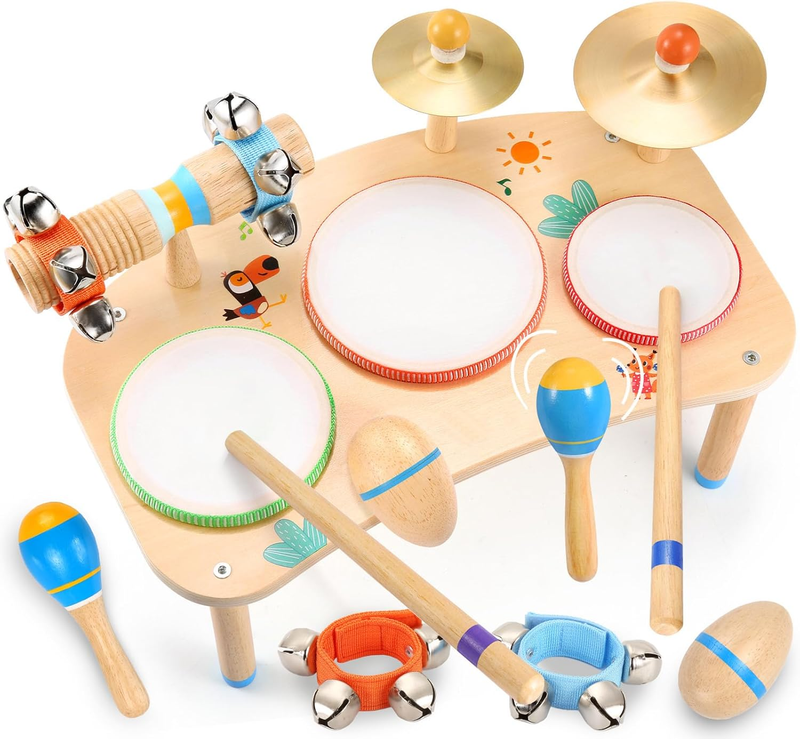 11 in 1 Kids Drum Set Montessori Wooden Musical Toys Toddler Music Table0