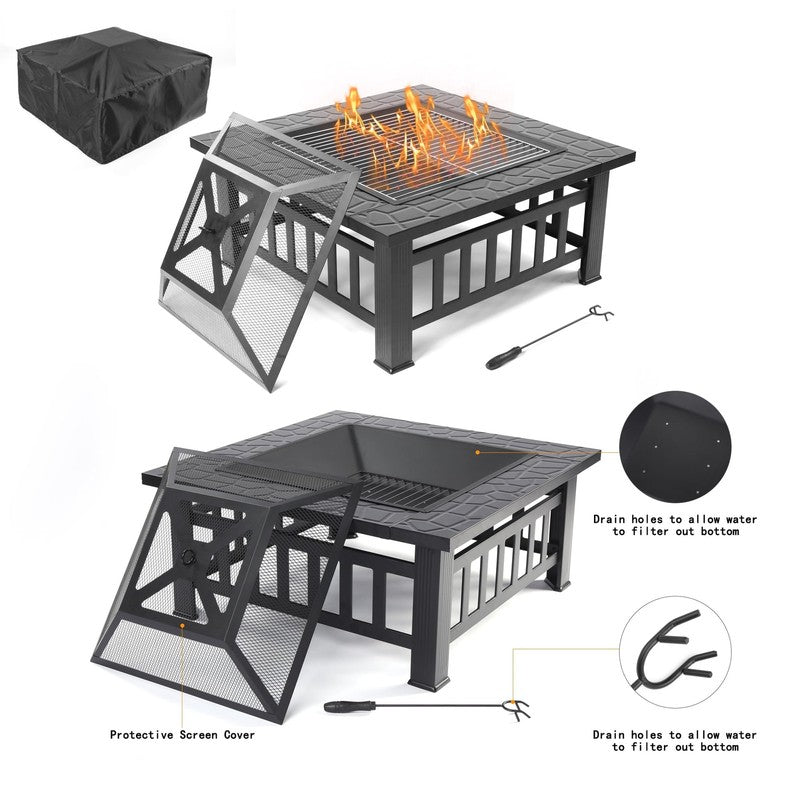 32" Outdoor Fire Pit Table Wood Burning w/ Lid, Poker, BBQ Net, Ice Tray, Black7