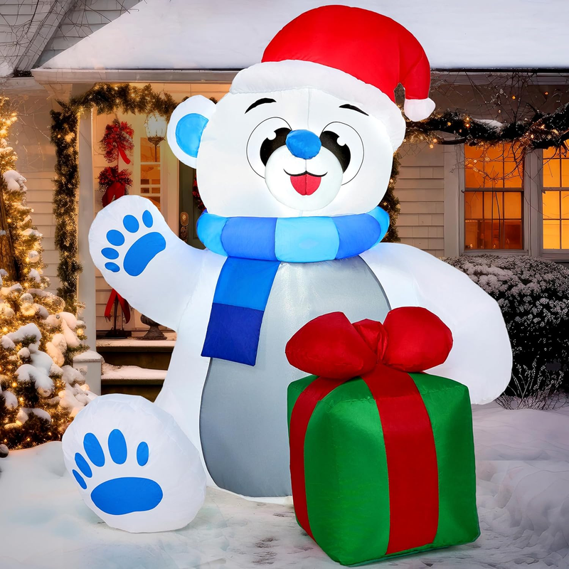 4 Ft Christmas Inflatable Polar Bear with Gift Decoration, Blow up Polar Bear wi9