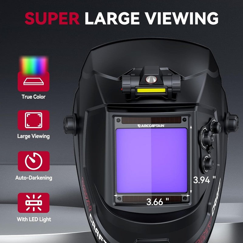 Large View 3.94" X 3.66" True Color Auto Darkening Welding Helmet with Light, So3