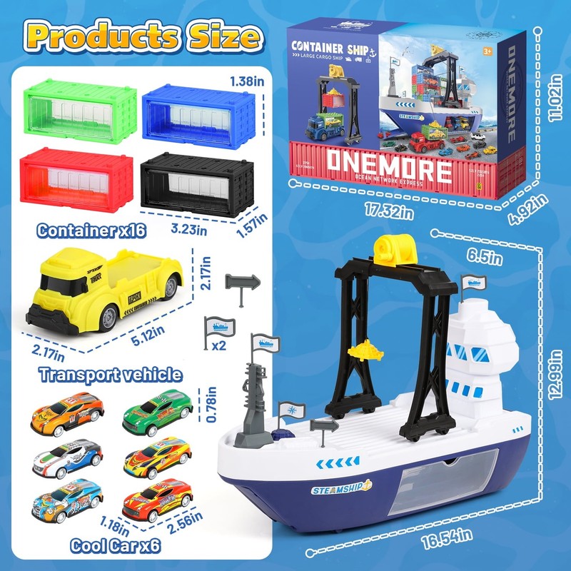 Cargo Ship Toy & Gantry Crane for Kids, Toy Boat and Crane Playset with 6 Race C6