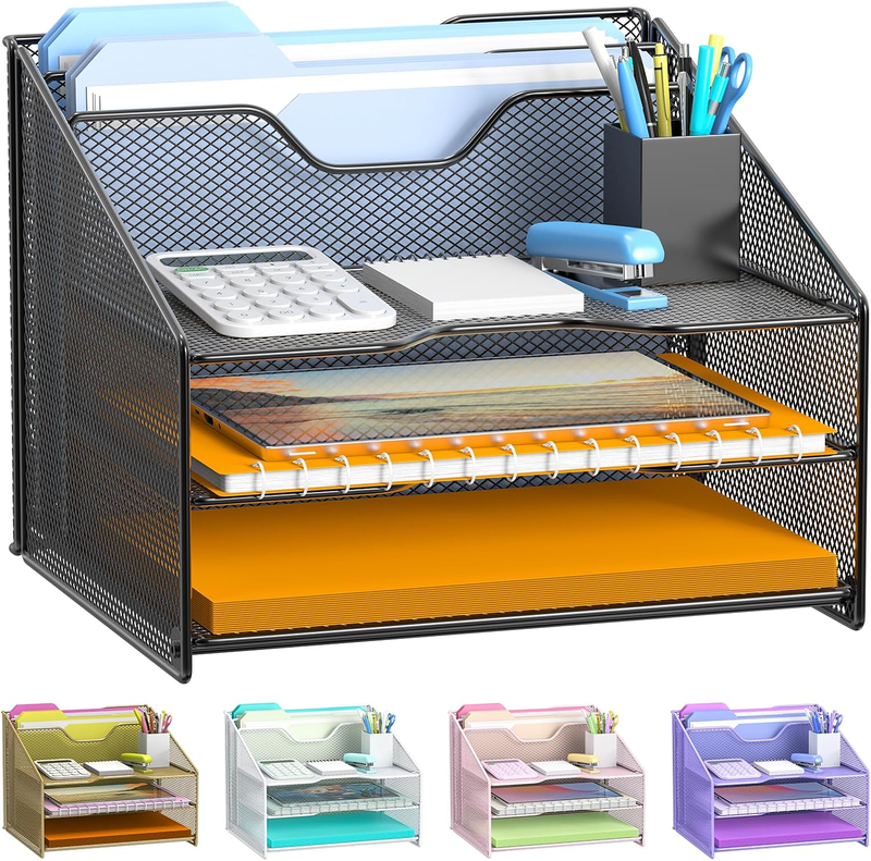 Desk File Organizer, Mesh Letter File Folder Holder with 3 Paper Trays and 2 Ver6