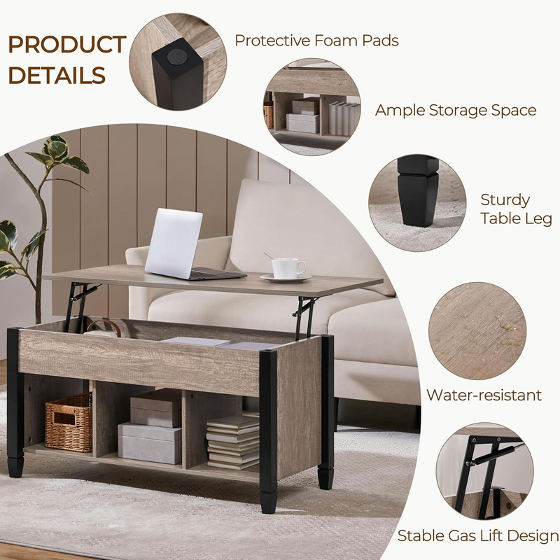 Gray Coffee Table, Lift Top Coffee Table with Hidden Compartment & Shelf, Lift u8