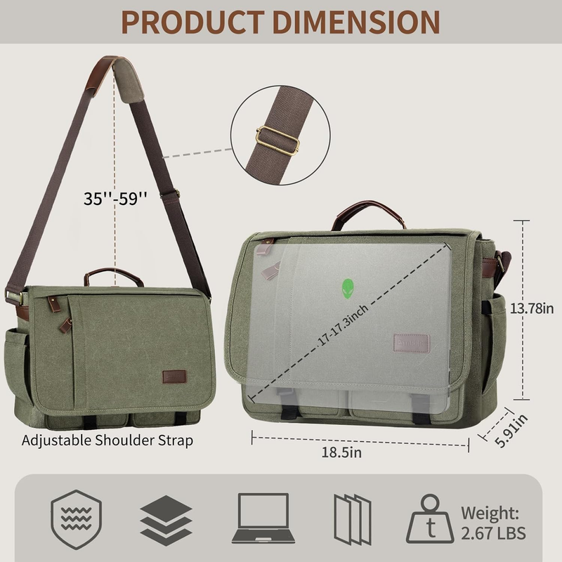 Mens Messenger Bag 17.3in Water Resistant Briefcase Satchel Army Green6