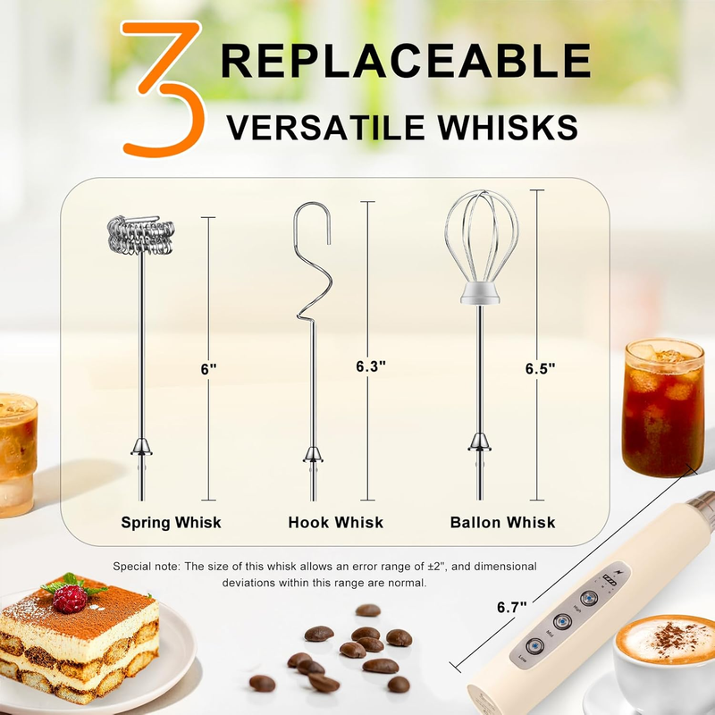 Milk Frother Handheld Beige Rechargeable 3 Speed 3 Heads Coffee Whisk3