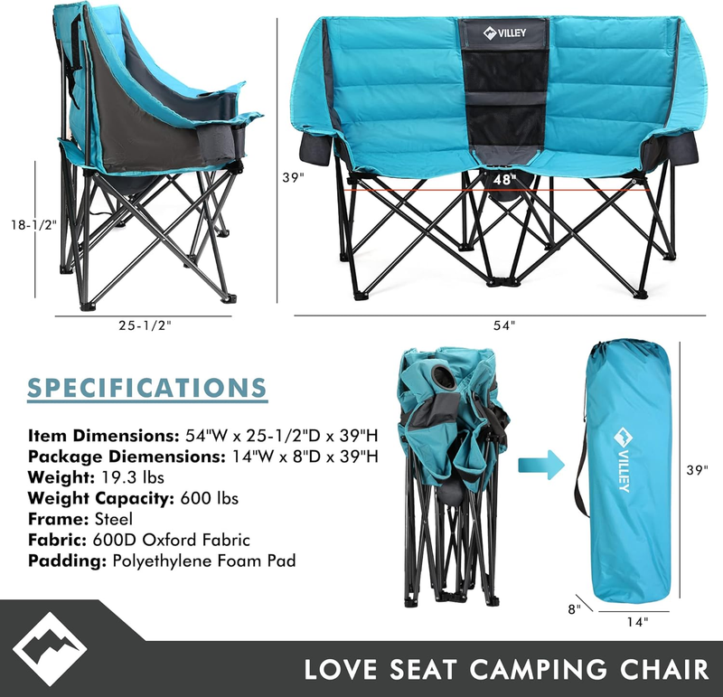 Extra Wide Double Camping Chair w/ Cooler Bag Loveseat Folding 600lb1