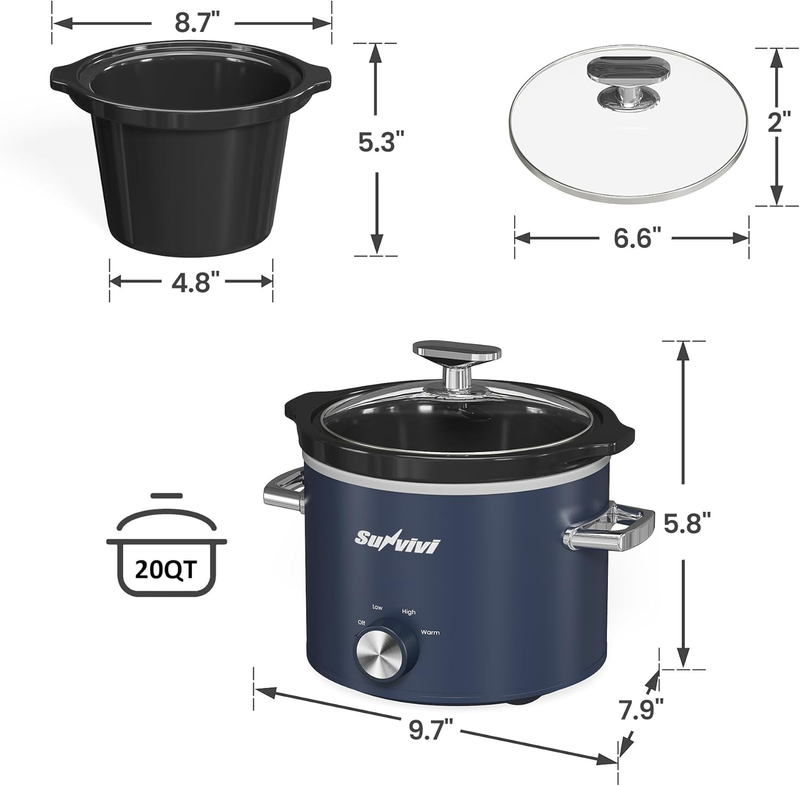2Qt Slow Cooker Small Removable Ceramic 3-Setting Blue Food Warmer6
