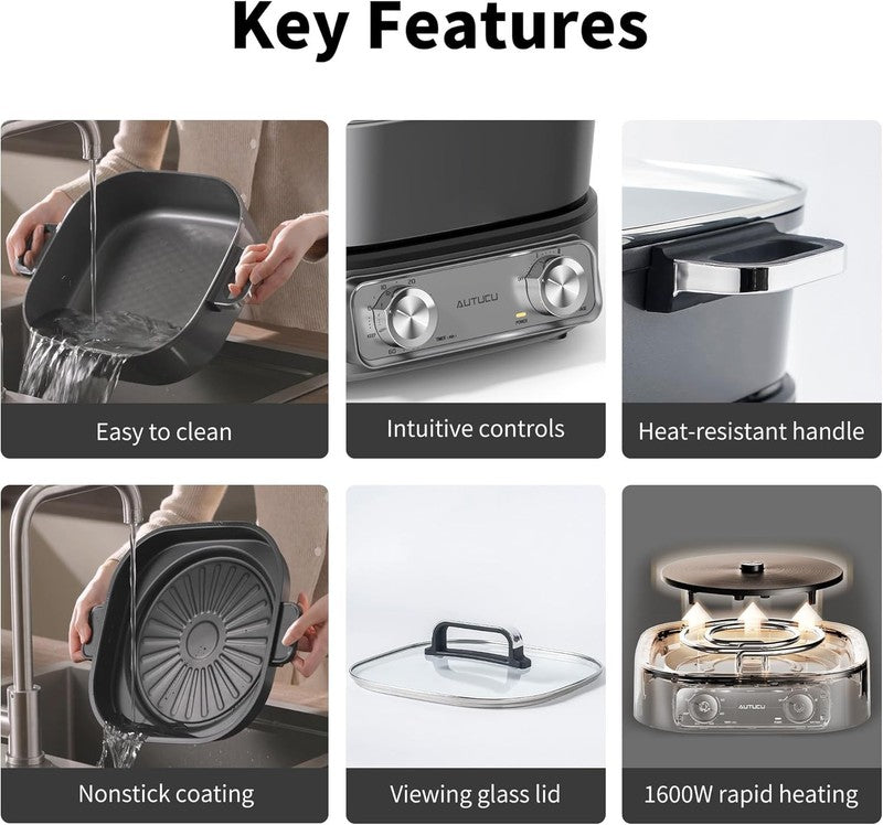 6QT Electric Skillet Grill Non Stick Ceramic 1600W Timer 3 Power Settings6