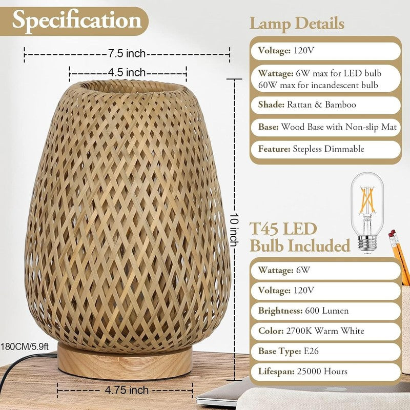 Rattan Table Lamp Dimmable Small Bedside Wicker Nightstand Wooden LED5