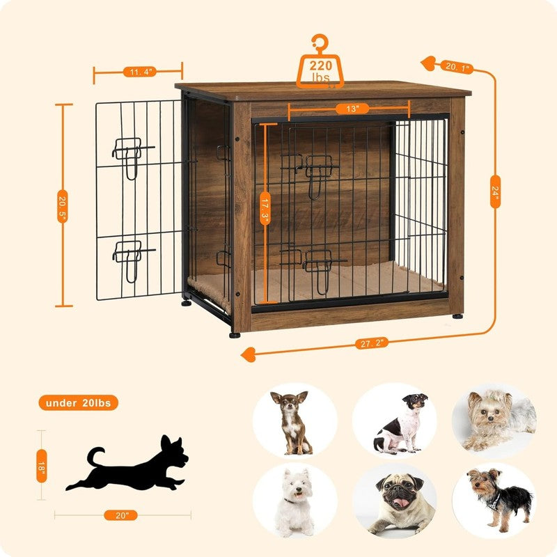 Dog Crate Furniture Table w/Cushion Wooden Kennel Double Door 27.2" Warm Brown2