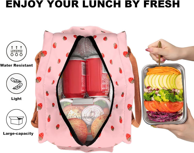 Insulated Lunch Bag Large Reusable Tote w/ Bottle Holder Strawberry Pink2