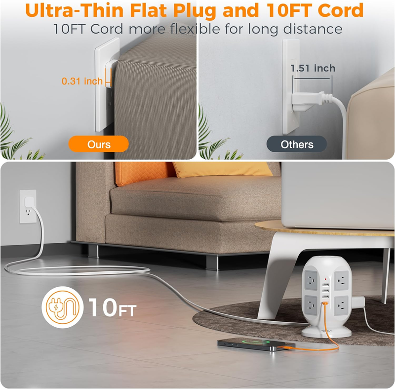 Tower Surge Protector Power Strip 10 Ft, Long Flat Extension Cord with Multiple 1