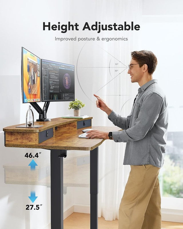 48x24 Electric Standing Desk w/ 2 Drawers 4 Presets Hooks Vintage Brown4