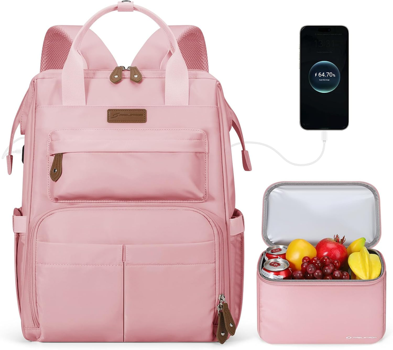 Travel Laptop Backpack 15.6 17.3" Nurse Work Bag w/ Lunch Box Pink0