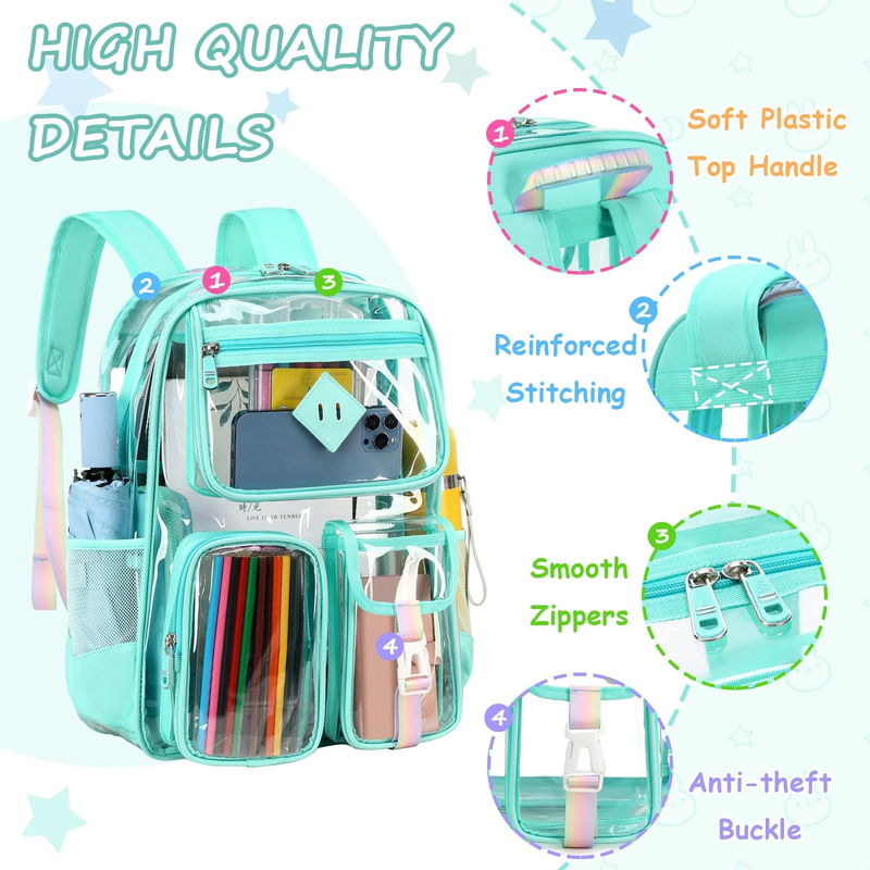 Large Clear Book Bag Waterproof See Through Backpack Green Daisy1