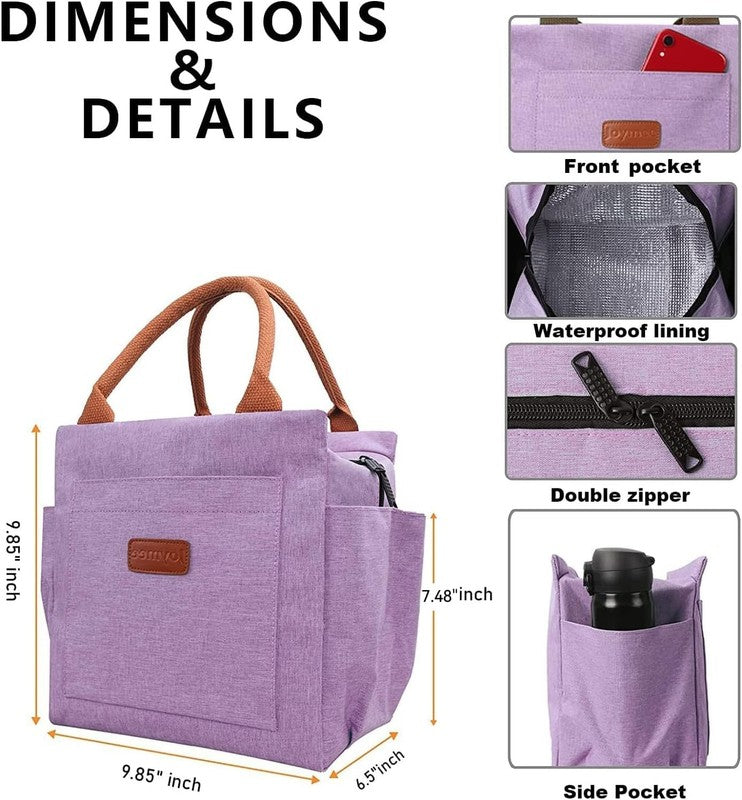 Insulated Lunch Bag for Women Men Large Reusable Tote w/ Bottle Holder Purple1