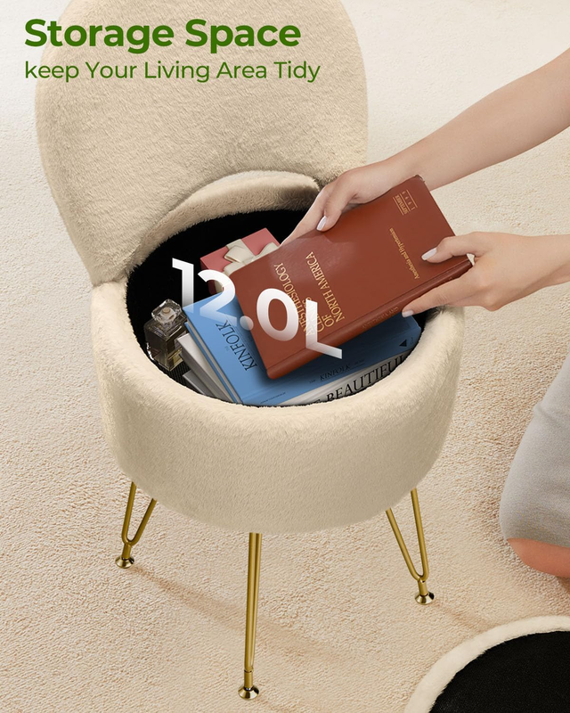 Faux Fur Vanity Stool Chair w/Storage Folding Back Ottoman Camel3