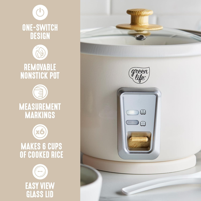 Rice Cooker with Removable Pfas Free Ceramic Nonstick Pot, 3 Cups Uncooked/6 Cup3