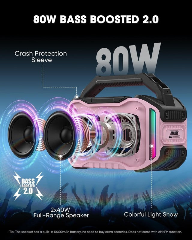 80W Bluetooth Speaker, Loud Bass, IPX6 Waterproof, 20H Playtime, TWS, Pink1