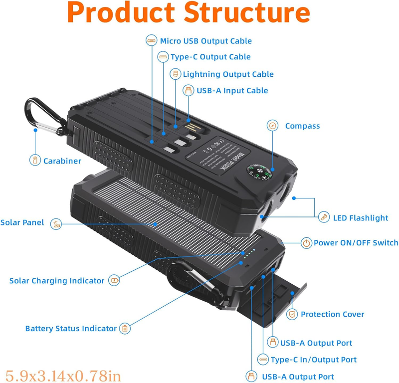 20000mAh Solar Power Bank 4 Cables USB-C Waterproof Dual Flashlight Camping8