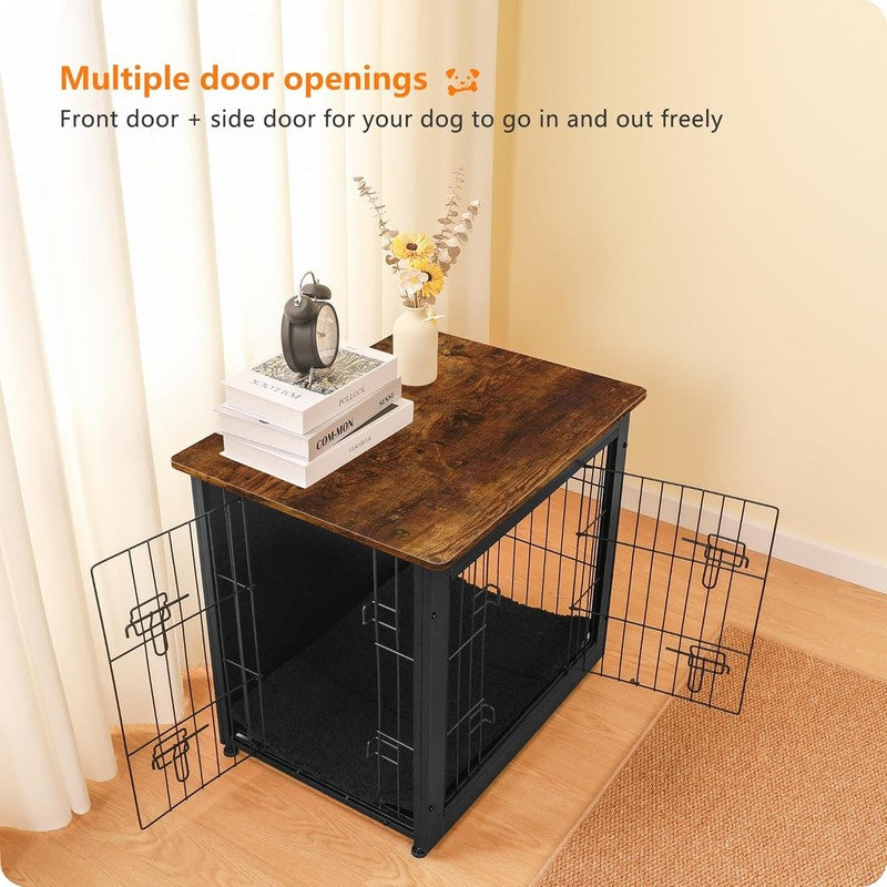 Dog Crate Furniture Table w/Cushion Wooden Kennel Double Door 27.2" Black/Brown1