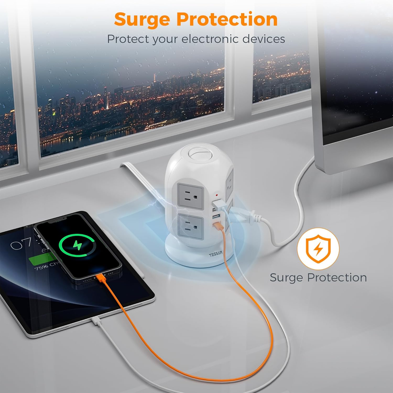 Tower Surge Protector Power Strip 10 Ft, Long Flat Extension Cord with Multiple 5
