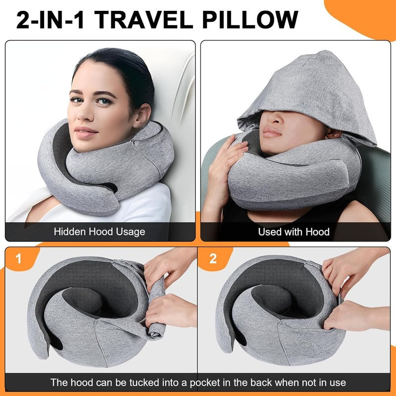 Hooded Memory Foam Travel Neck Pillow w/ Eye Mask & Earplugs – Light Gray1